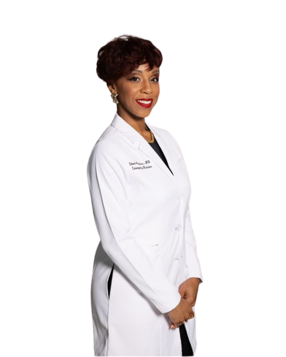 Dr. Shari Andrews, MD, in a white coat, smiling