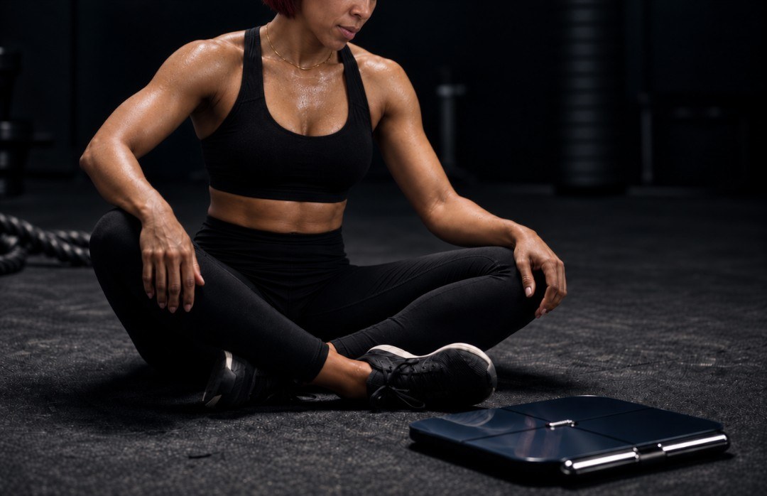 Dr. Shari seated on a gym floor next to the Hume Health smart scale